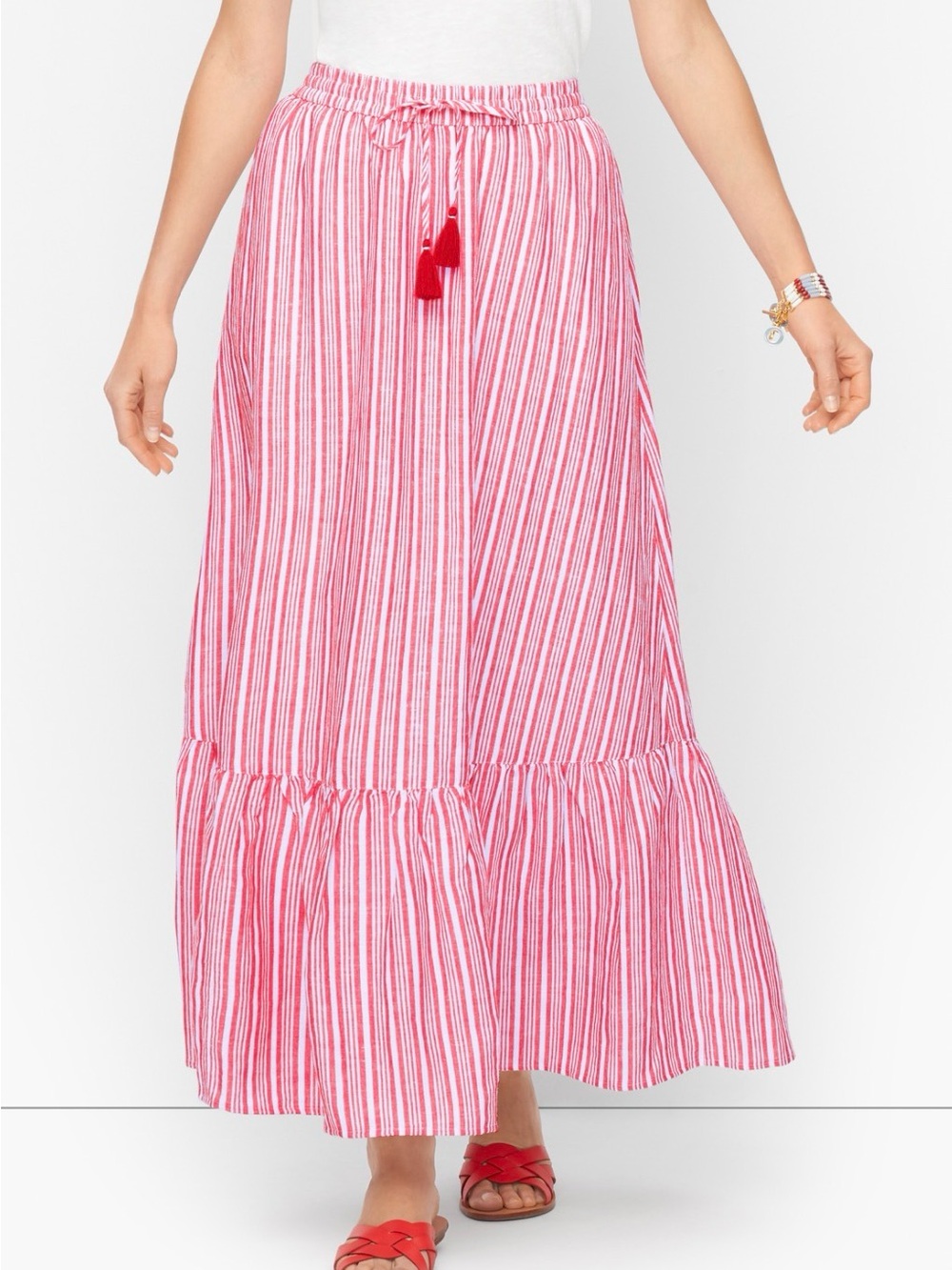 Talbots Petite Red & White Striped Linen Blend Tassel Midi Maxi Skirt SP small